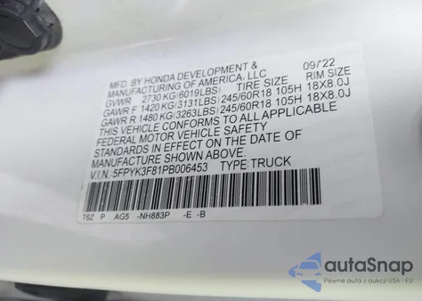 2023 Honda Ridgeline Black Edition z USA, uszkodzony, nr VIN 5FPYK3F81PB006453